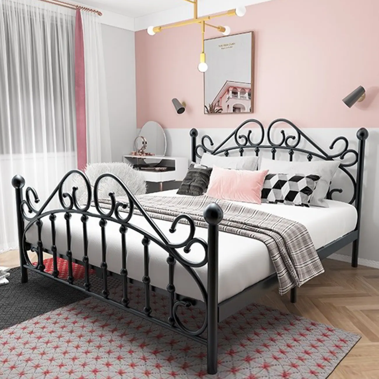 Glam Metal Headboard Platform Bed Frame with Footboard Image - 2 | homeyfad