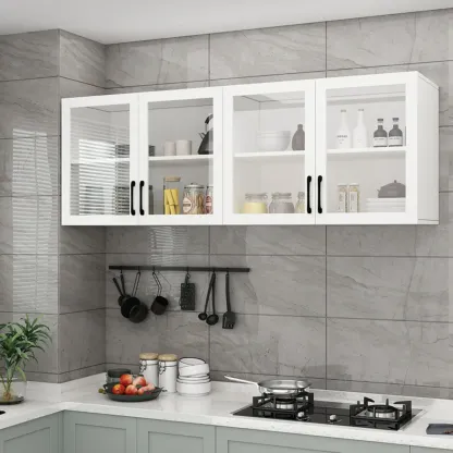 Kitchen Floating White Wood Glass Enclosed Display Cabinet Image - 1