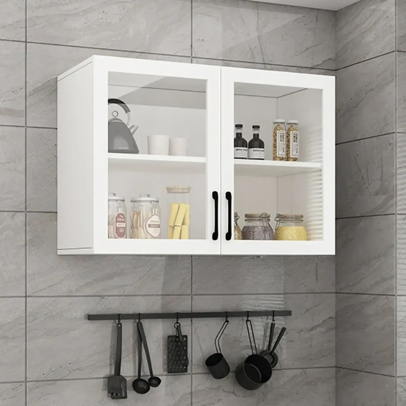 Kitchen Floating White Wood Glass Enclosed Display Cabinet Image - 4