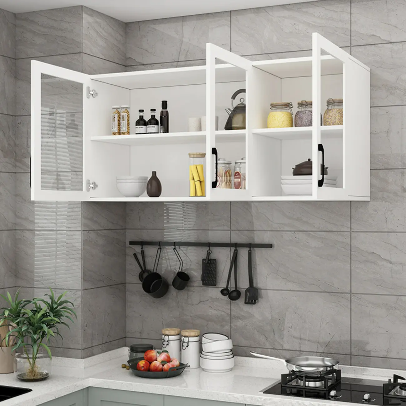 Kitchen Floating White Wood Glass Enclosed Display Cabinet Image - 2 | homeyfad