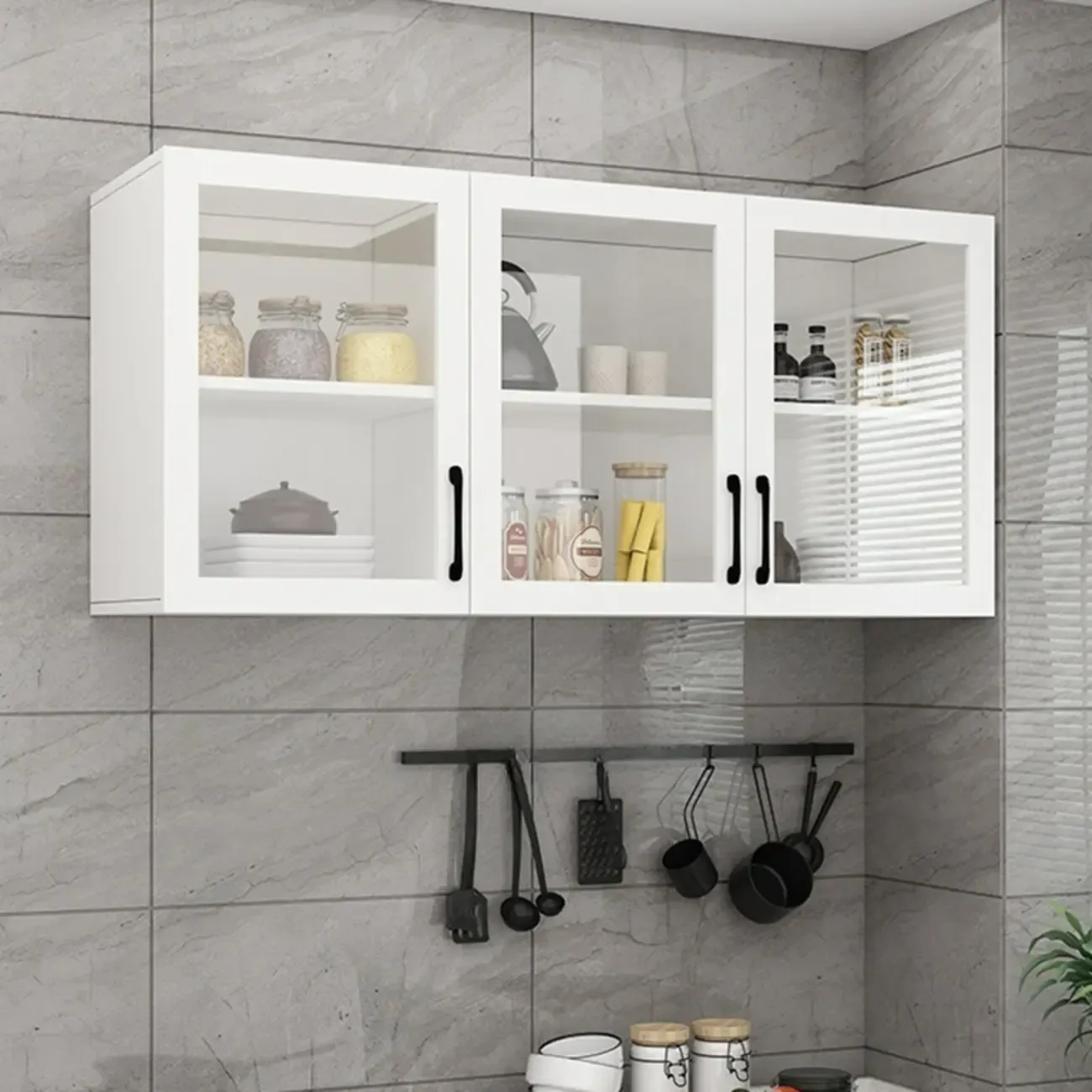 Kitchen Floating White Wood Glass Enclosed Display Cabinet Image - 5