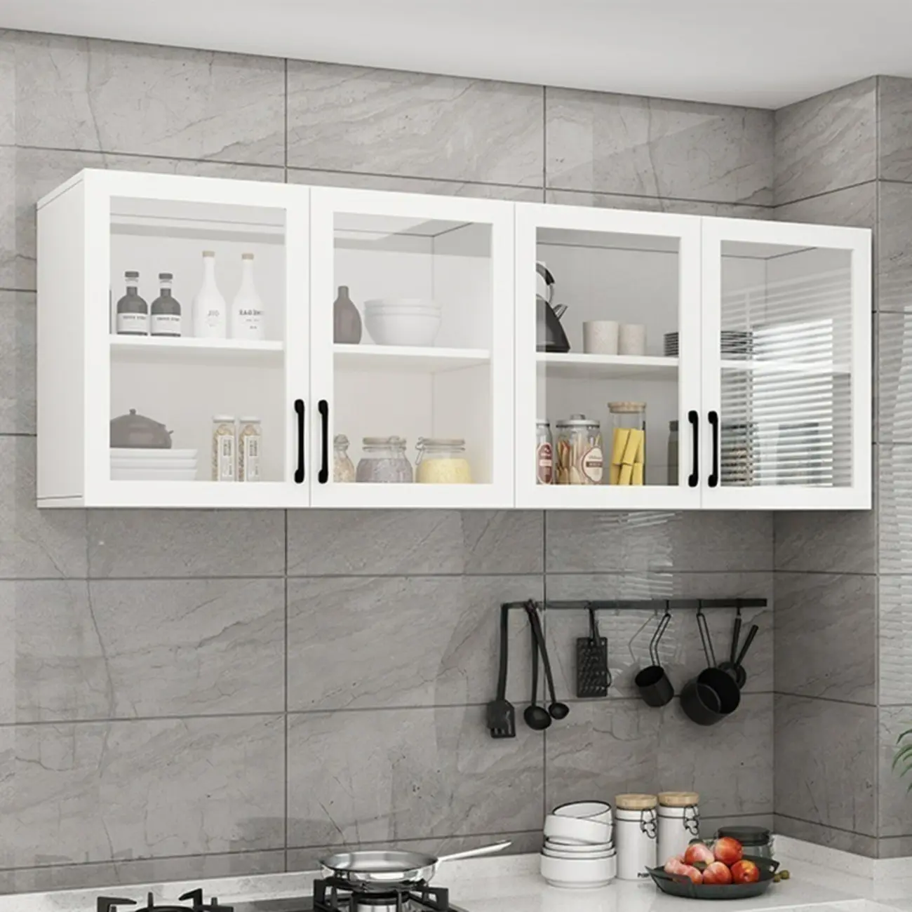 Kitchen Floating White Wood Glass Enclosed Display Cabinet Image - 6 | homeyfad