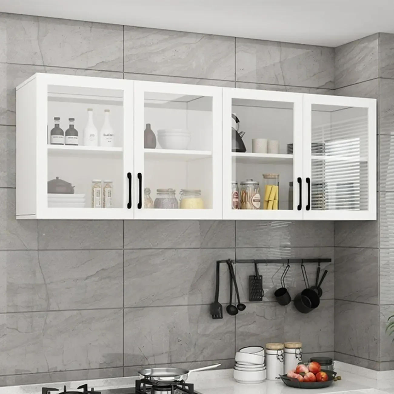 Kitchen Floating White Wood Glass Enclosed Display Cabinet Image - 6