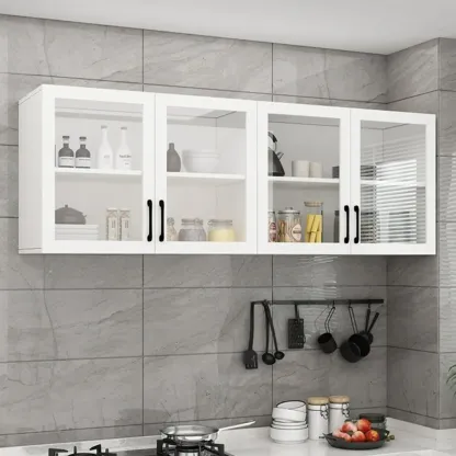 Kitchen Floating White Wood Glass Enclosed Display Cabinet Image - 6