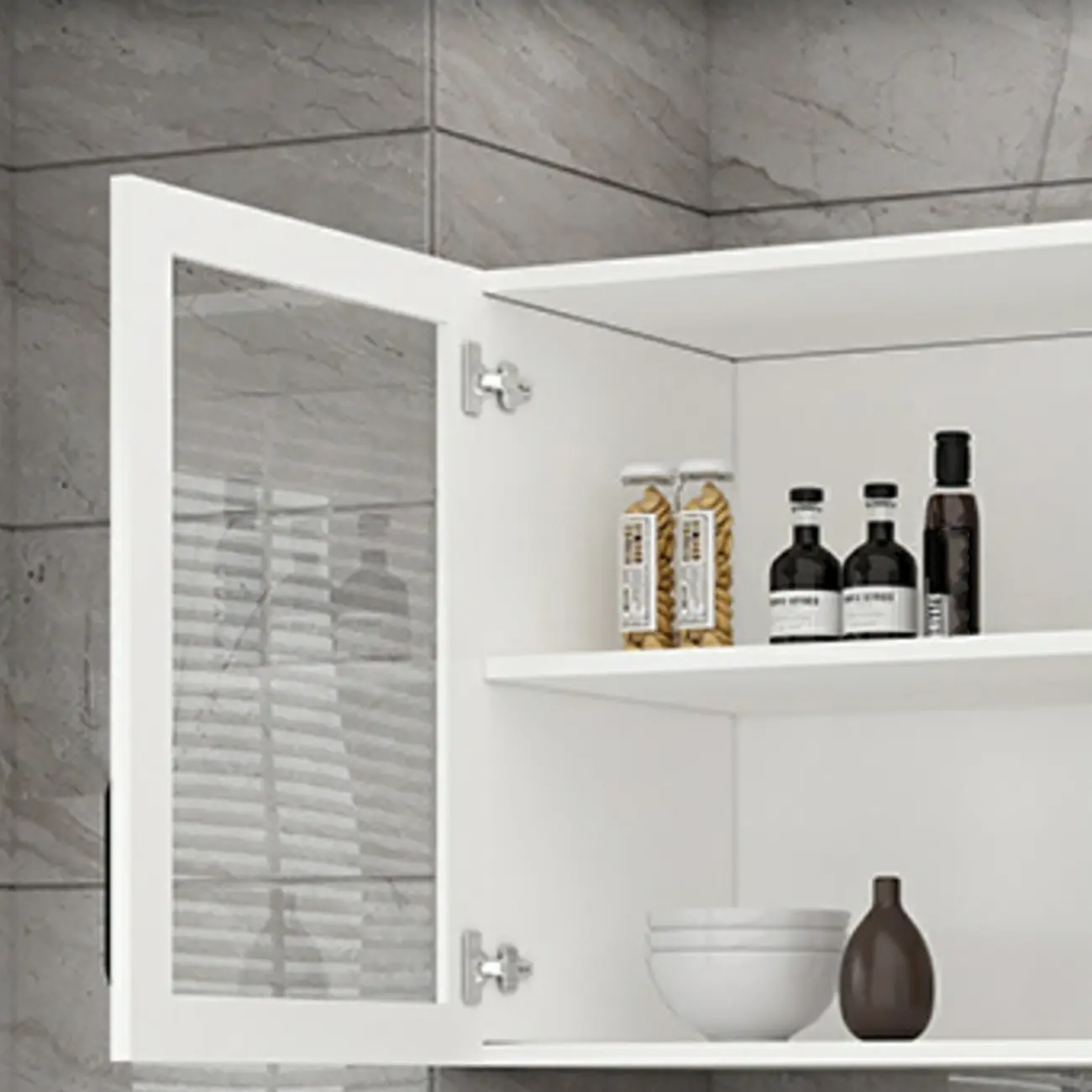 Kitchen Floating White Wood Glass Enclosed Display Cabinet Image - 8 | homeyfad