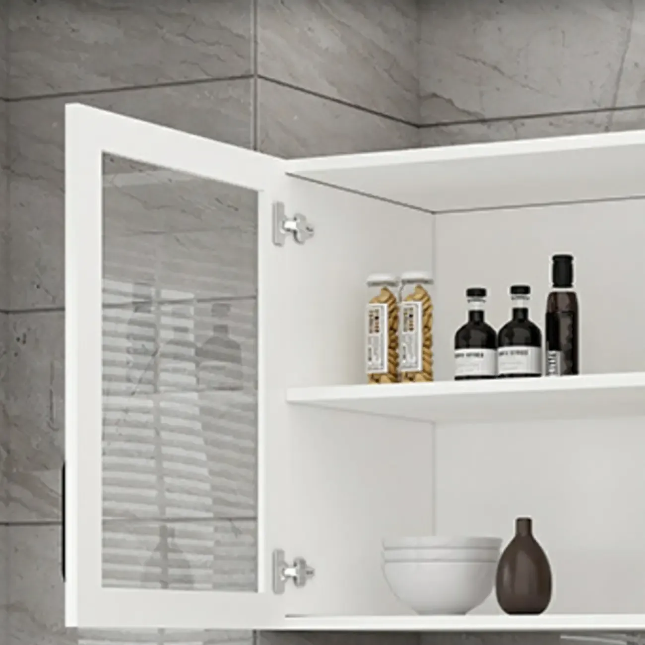 Kitchen Floating White Wood Glass Enclosed Display Cabinet Image - 8