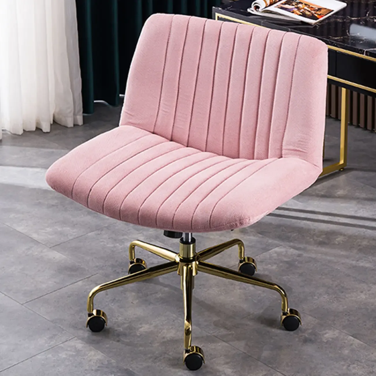 Elegant Gray Linen Upholstered Swivel Office Chair Image - 3