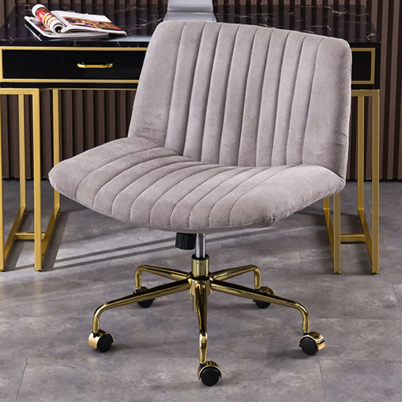 Elegant Gray Linen Upholstered Swivel Office Chair Image - 2