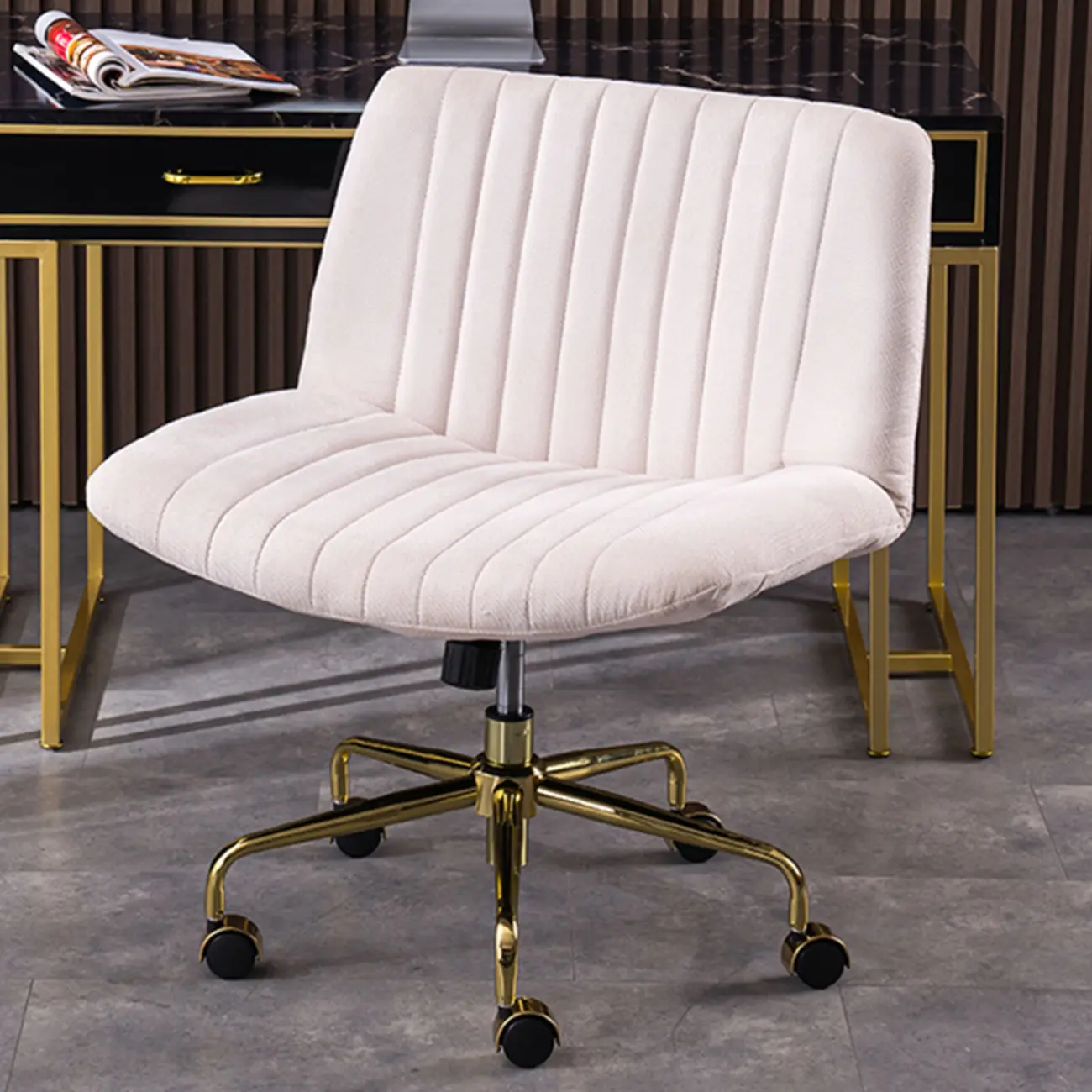 Elegant Gray Linen Upholstered Swivel Office Chair Image - 13 | homeyfad