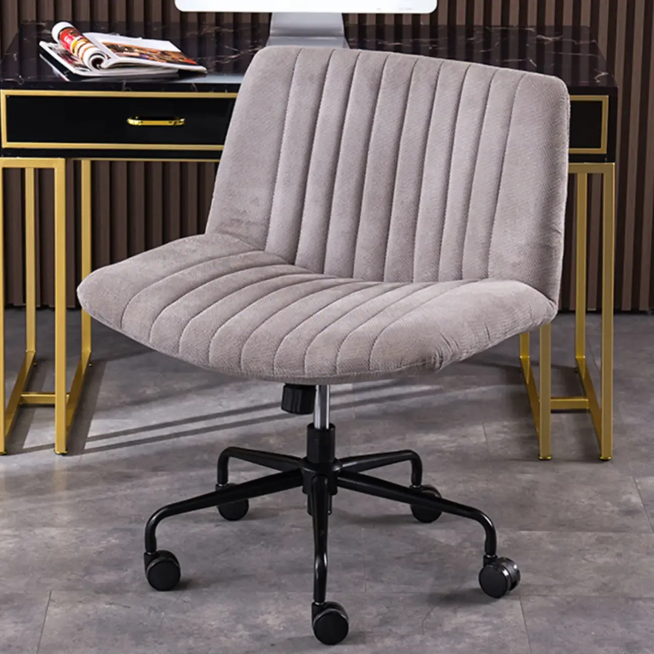 Elegant Gray Linen Upholstered Swivel Office Chair Image - 1