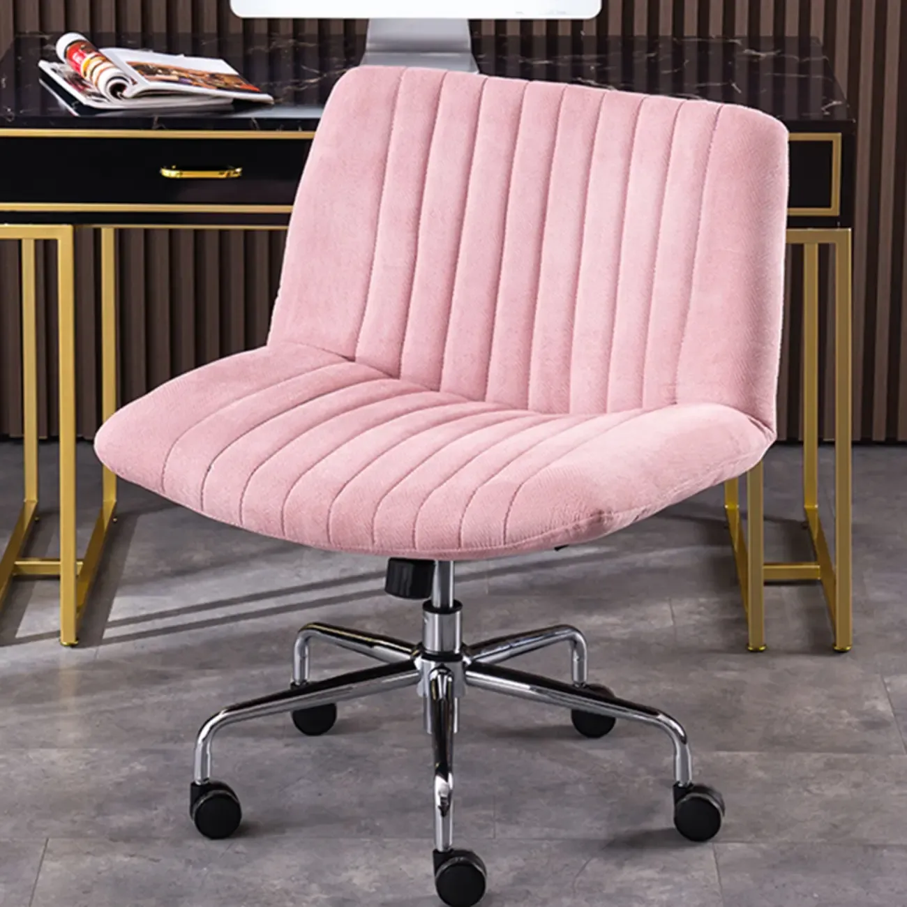 Elegant Gray Linen Upholstered Swivel Office Chair Image - 5