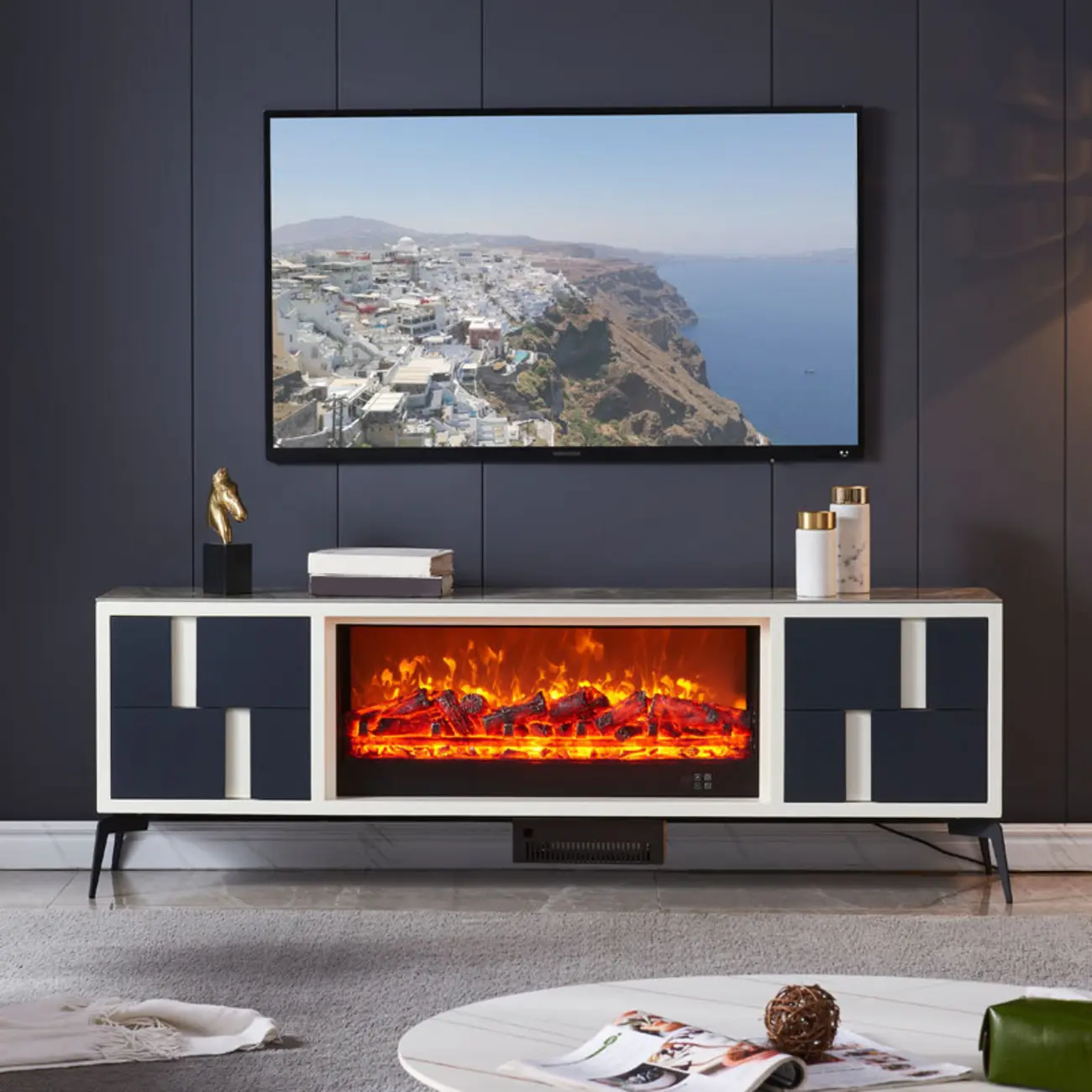 Vintage Stone TV Stand with LED Fireplace & Storage Image - 1 | homeyfad