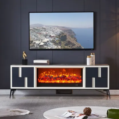 Vintage Stone TV Stand with LED Fireplace & Storage Image - 1