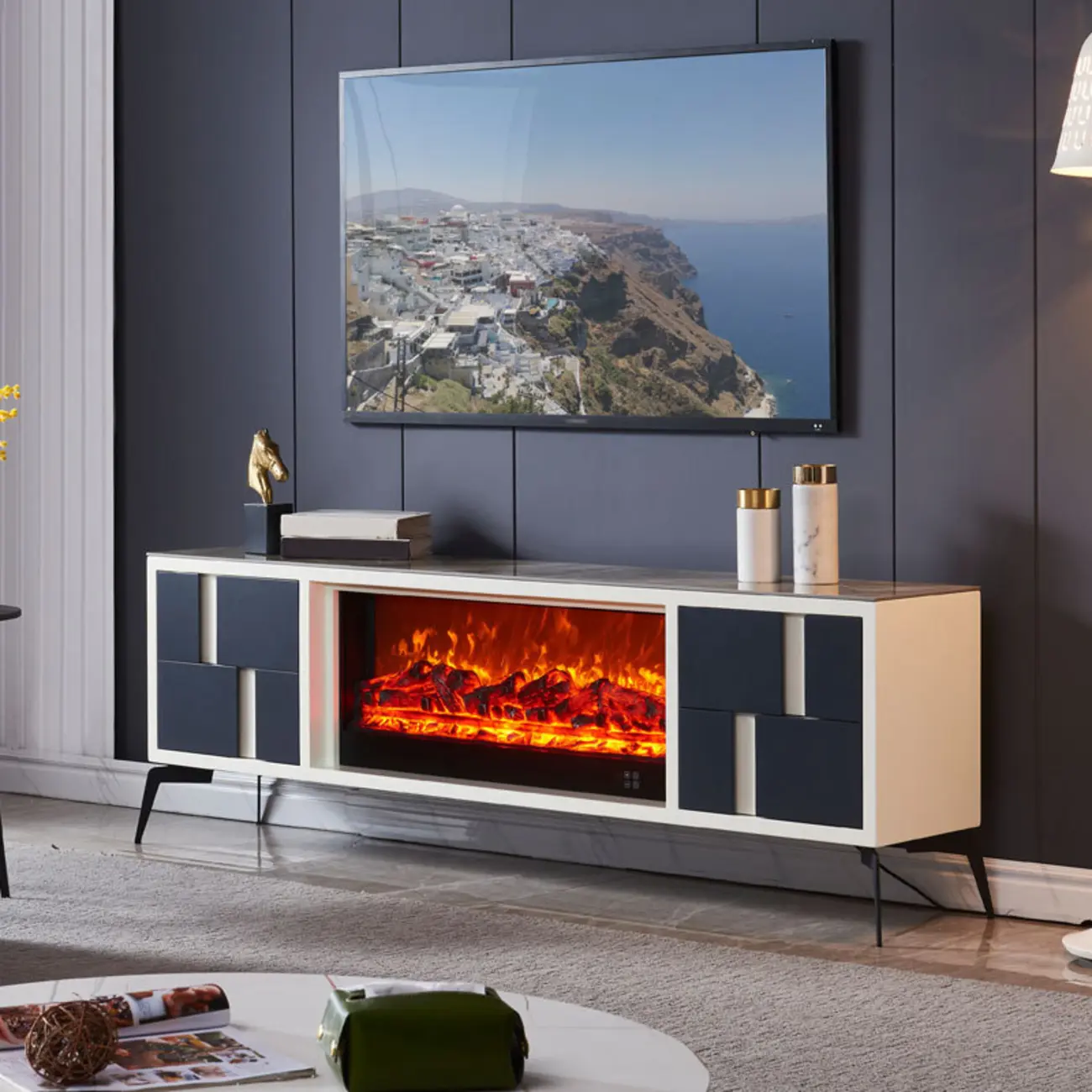 Vintage Stone TV Stand with LED Fireplace & Storage Image - 2 | homeyfad