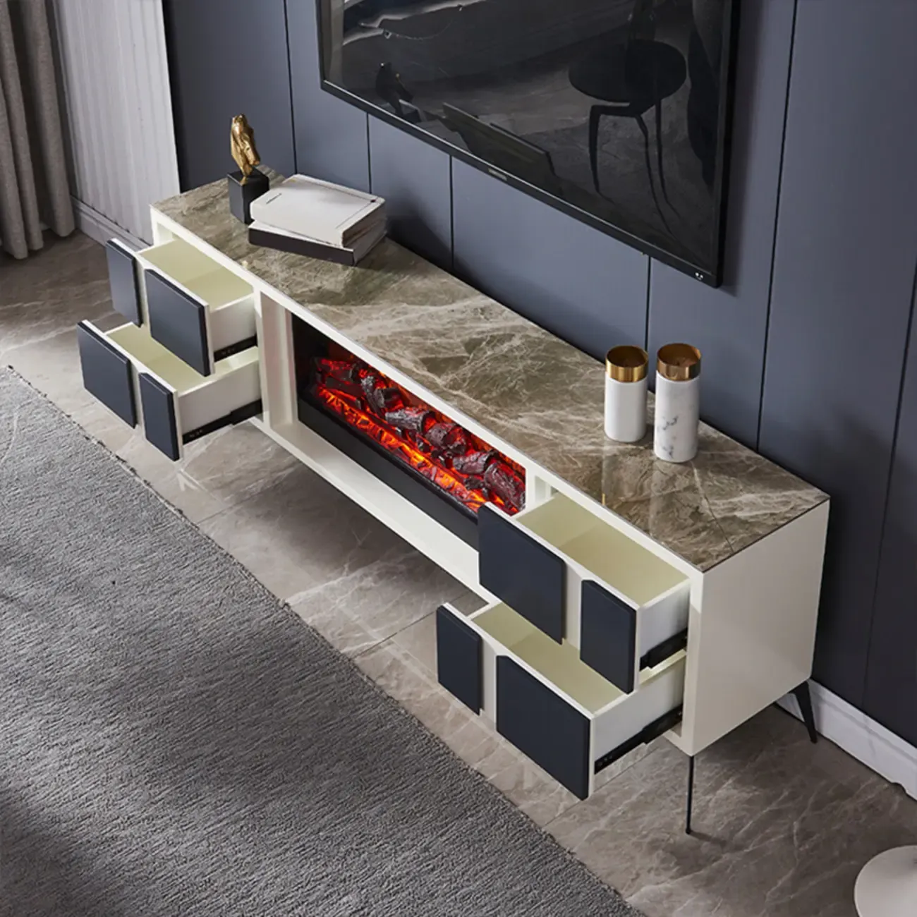 Vintage Stone TV Stand with LED Fireplace & Storage Image - 3