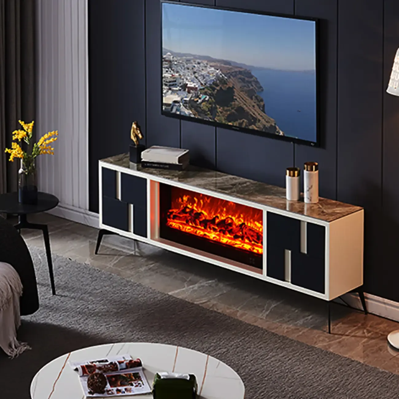 Vintage Stone TV Stand with LED Fireplace & Storage Image - 4