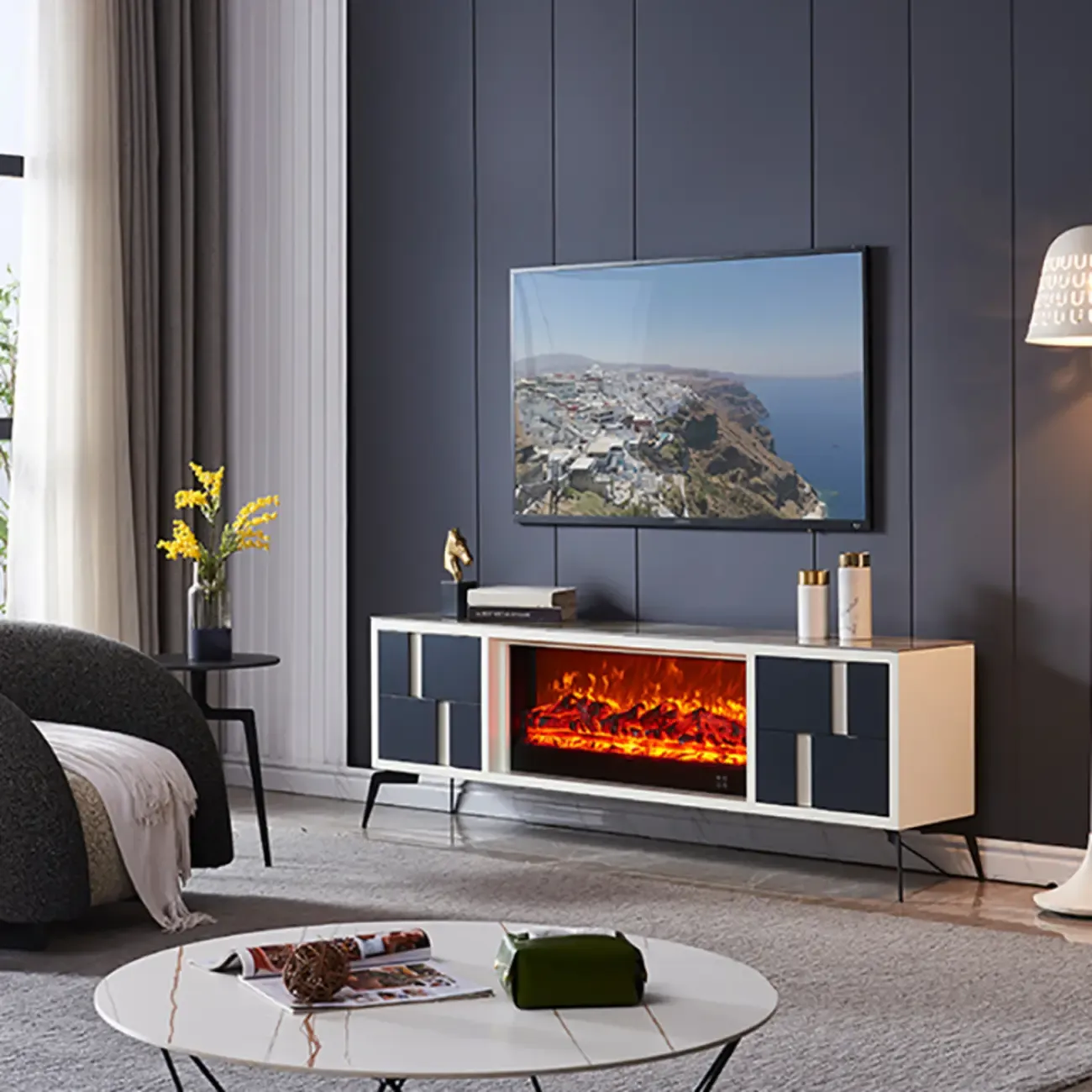 Vintage Stone TV Stand with LED Fireplace & Storage Image - 5