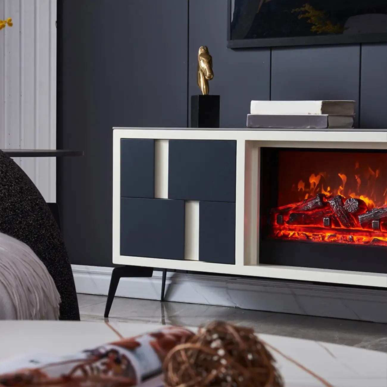 Vintage Stone TV Stand with LED Fireplace & Storage Image - 7
