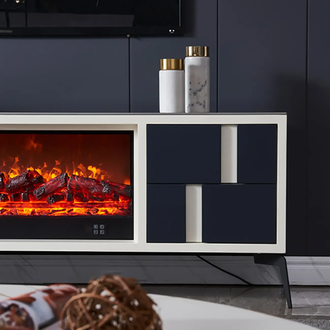 Vintage Stone TV Stand with LED Fireplace & Storage Image - 8