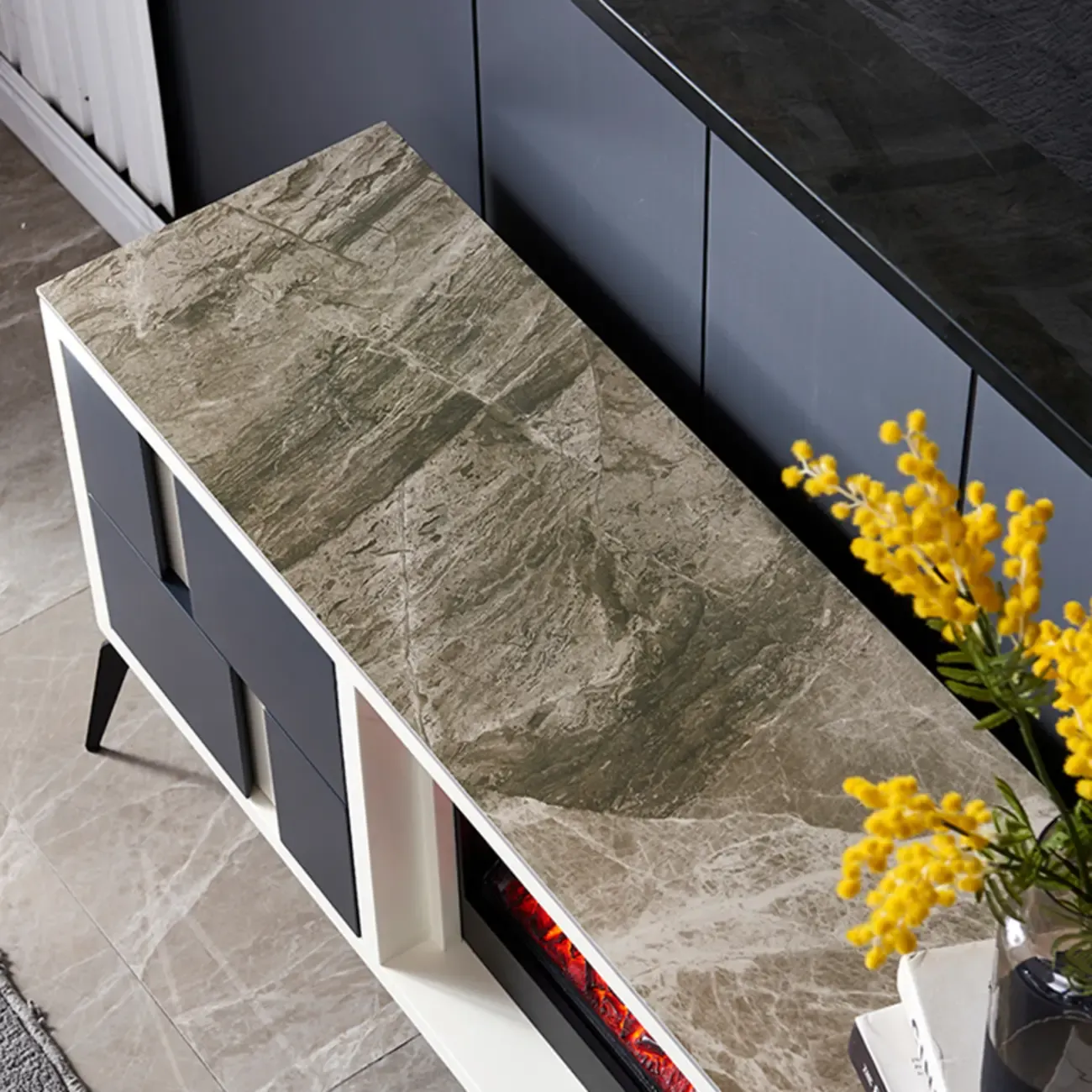 Vintage Stone TV Stand with LED Fireplace & Storage Image - 9