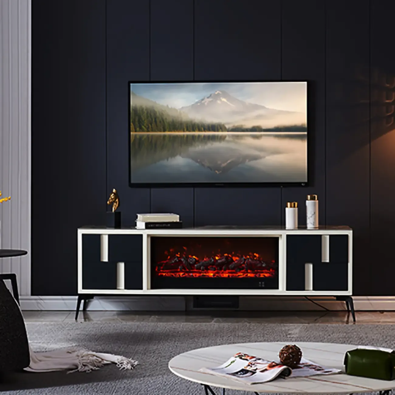 Vintage Stone TV Stand with LED Fireplace & Storage Image - 12
