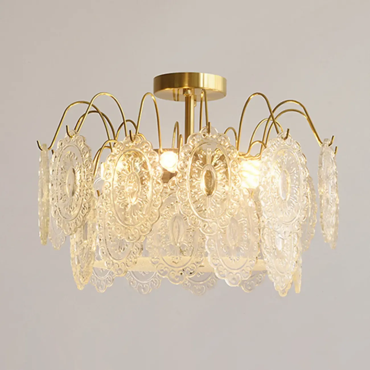 Crystal Drum Shade Gold Semi Flush Ceiling Light Image - 6