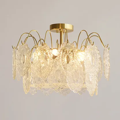 Crystal Drum Shade Gold Semi Flush Ceiling Light Image - 6