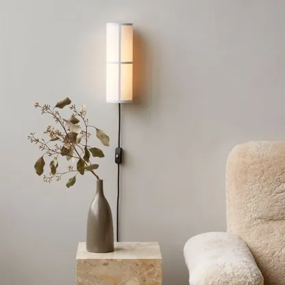 Modern Linen Beige Cylinder Wall Sconce with Switch Image - 1