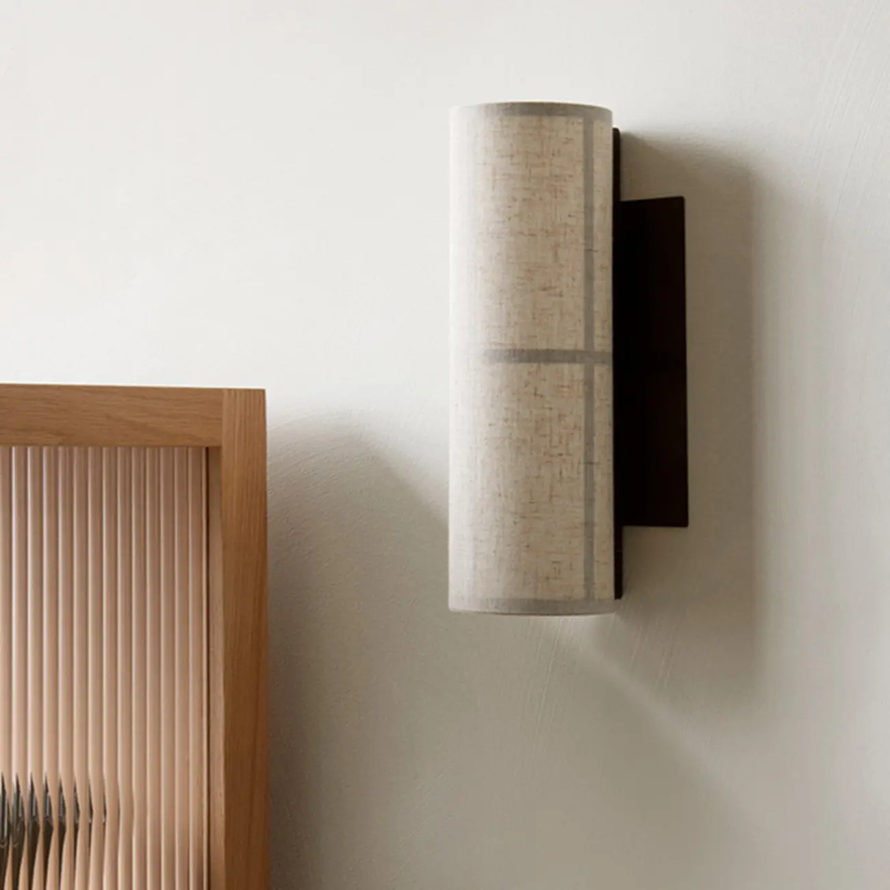 Modern Linen Beige Cylinder Wall Sconce with Switch Image - 2 | homeyfad