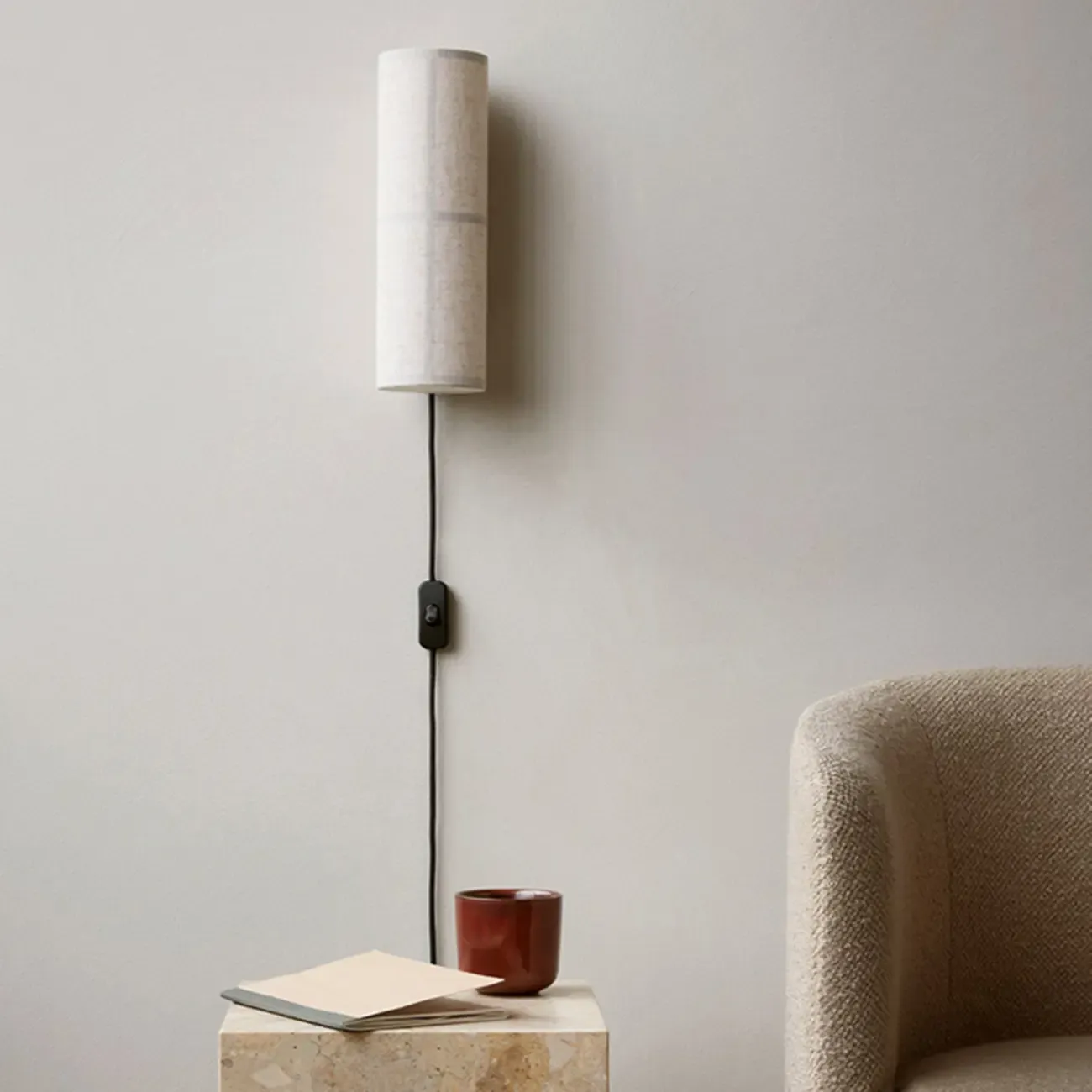 Modern Linen Beige Cylinder Wall Sconce with Switch Image - 3