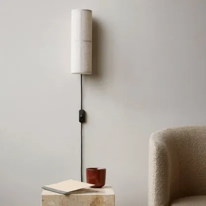 Modern Linen Beige Cylinder Wall Sconce with Switch Image - 3