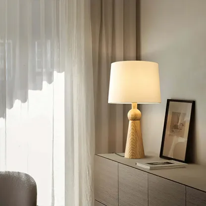 Contemporary Wood Tapered Base Table Lamp With Linen Shade Image - 1