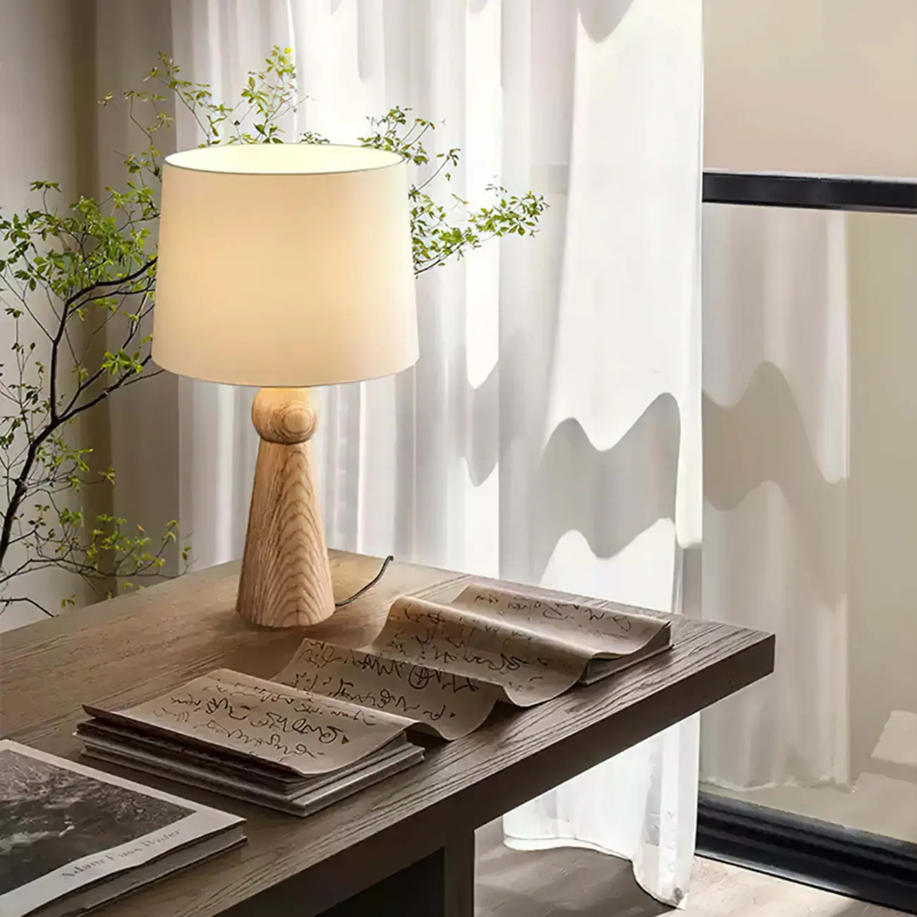 Contemporary Wood Tapered Base Table Lamp With Linen Shade Image - 2 | homeyfad