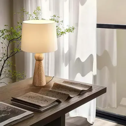 Contemporary Wood Tapered Base Table Lamp With Linen Shade Image - 2