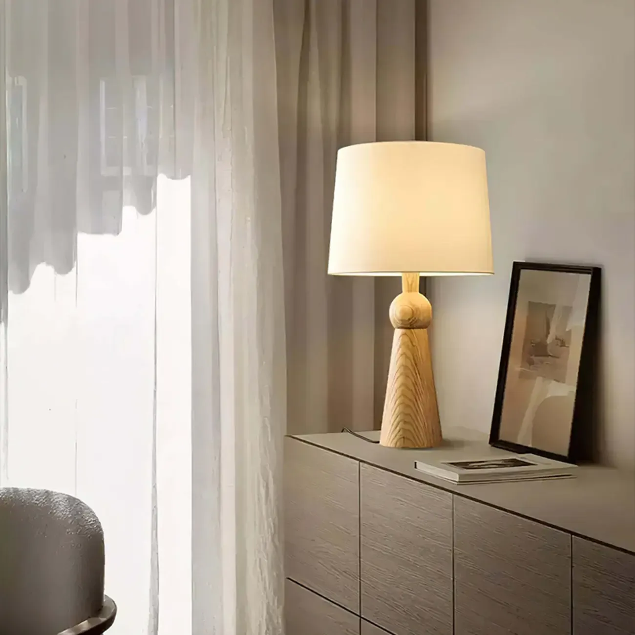 Contemporary Wood Tapered Base Table Lamp With Linen Shade Image - 9