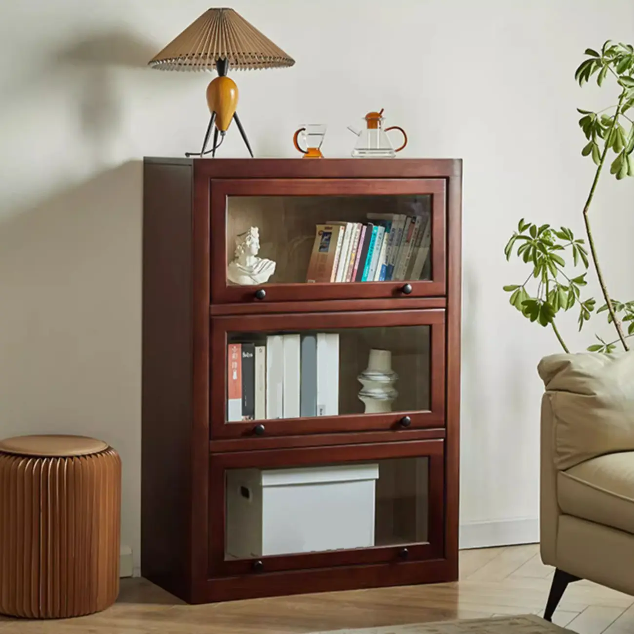 Classic Brown Wooden Flipped Glass Storage Cabinet Image - 14 | homeyfad