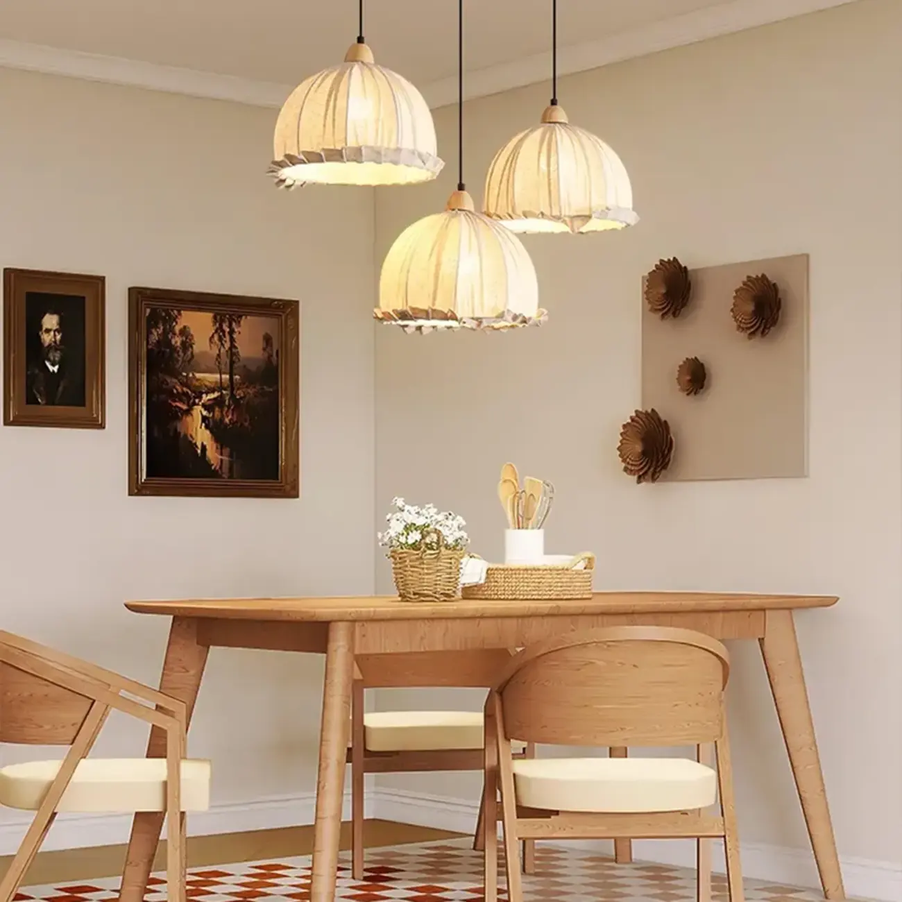 Rattan Fabric Pendant Lamp Beige Dome Shape For Kitchen Image - 5 | homeyfad