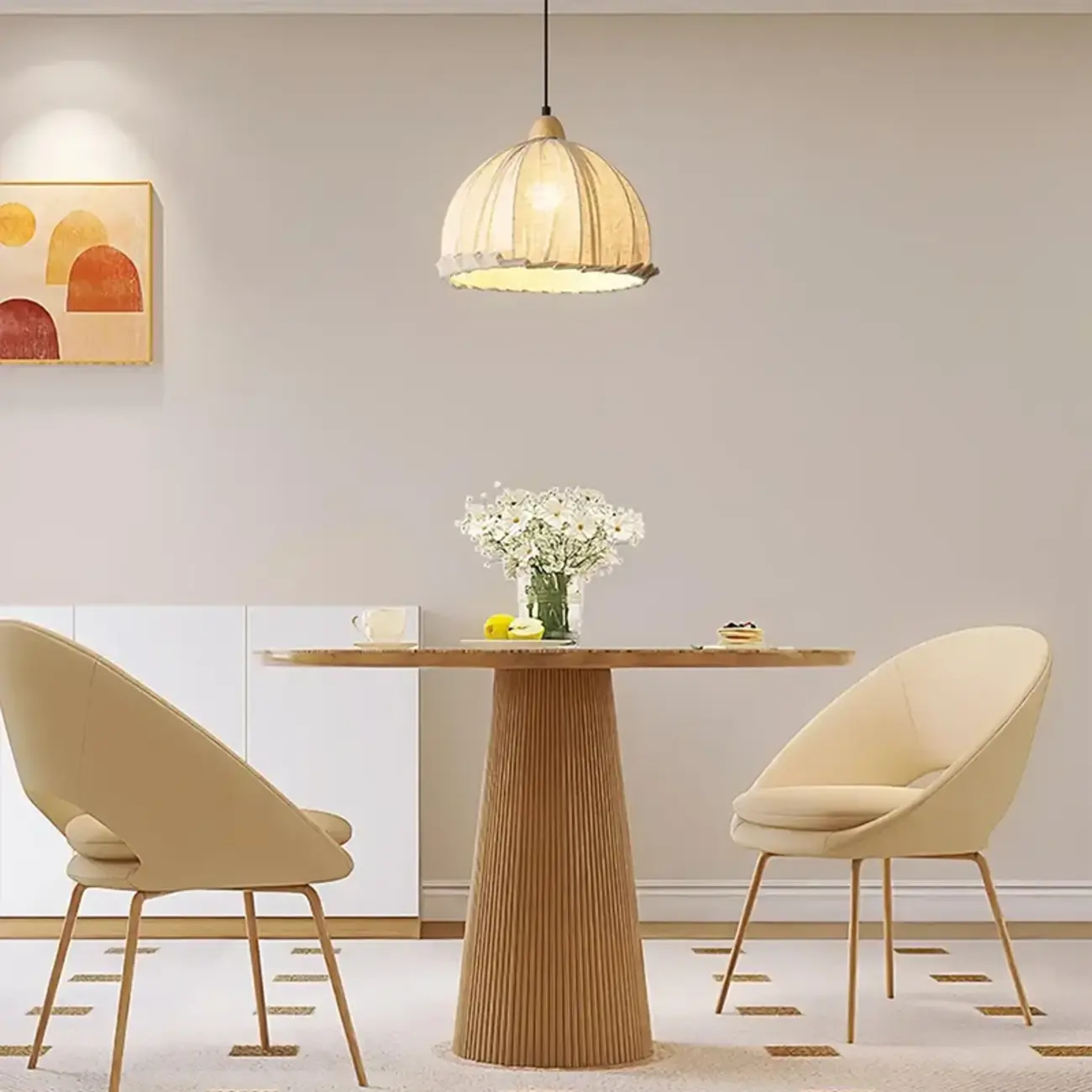 Rattan Fabric Pendant Lamp Beige Dome Shape For Kitchen Image - 6 | homeyfad