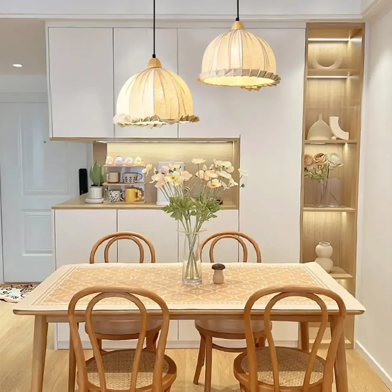 Rattan Fabric Pendant Lamp Beige Dome Shape For Kitchen Image - 7 | homeyfad