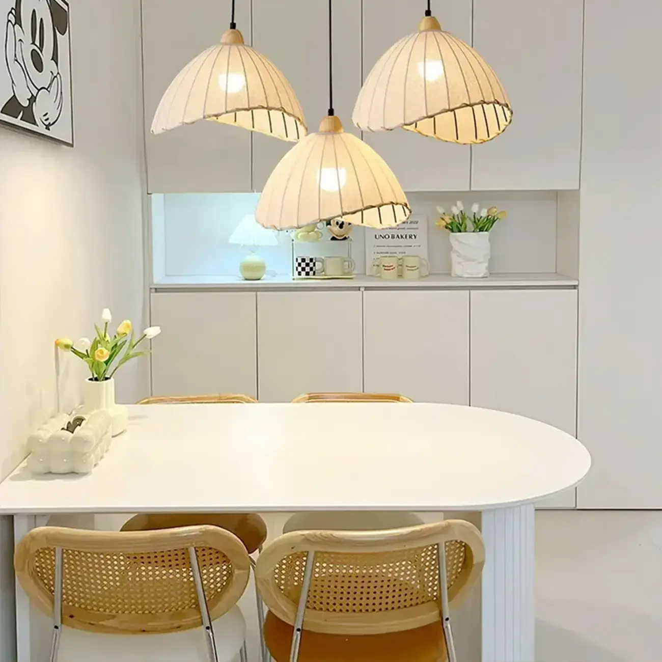Rattan Fabric Pendant Lamp Beige Dome Shape For Kitchen Image - 8 | homeyfad