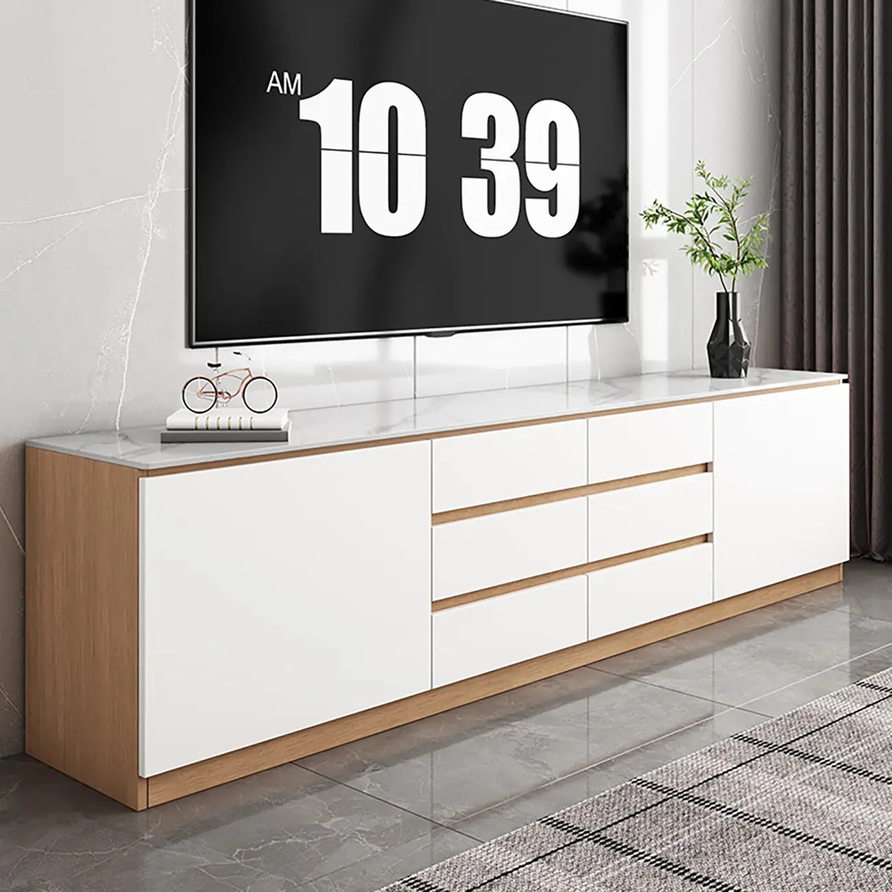 Modern Long White Wood TV Stand with Drawers Image - 1 | homeyfad