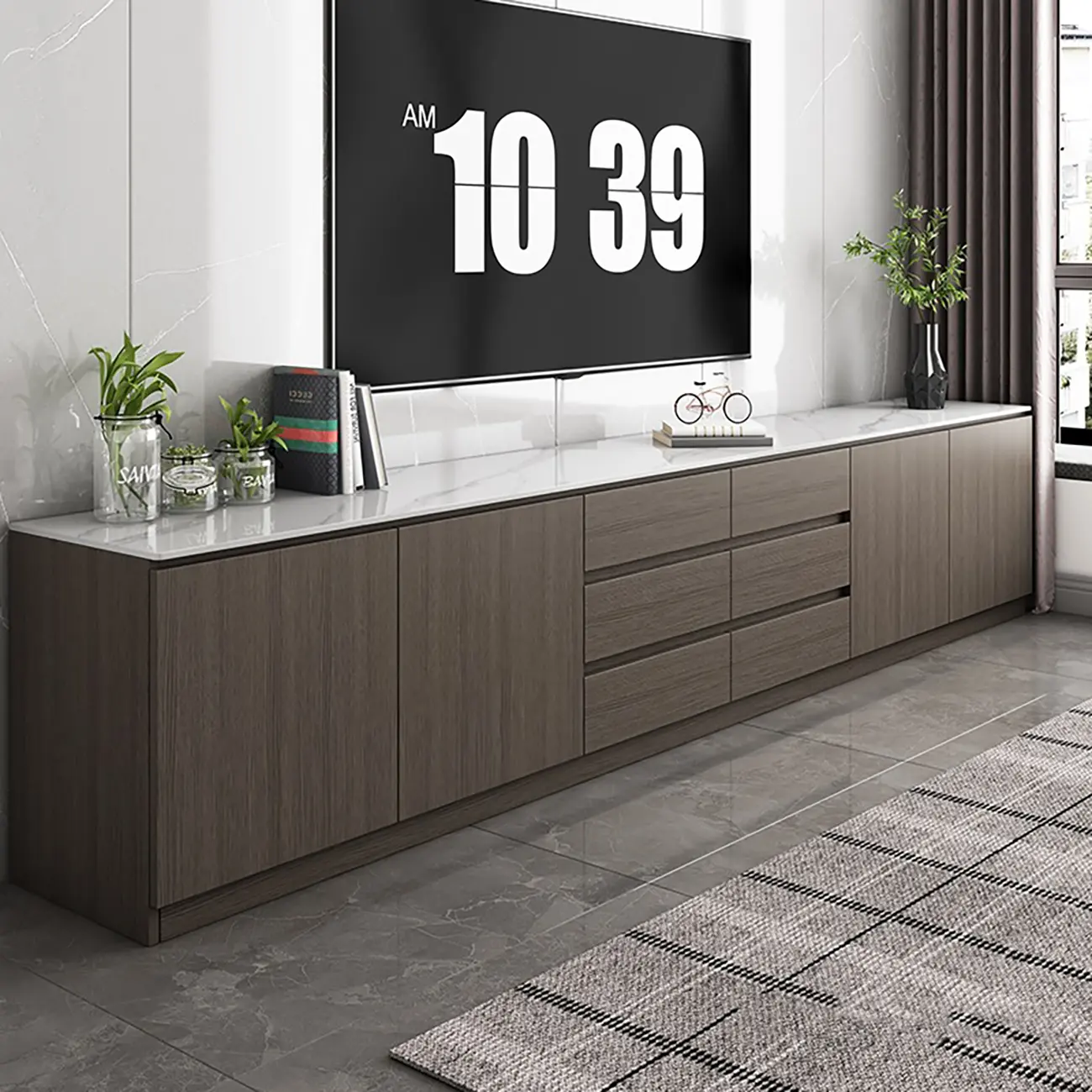 Modern Long White Wood TV Stand with Drawers Image - 3 | homeyfad