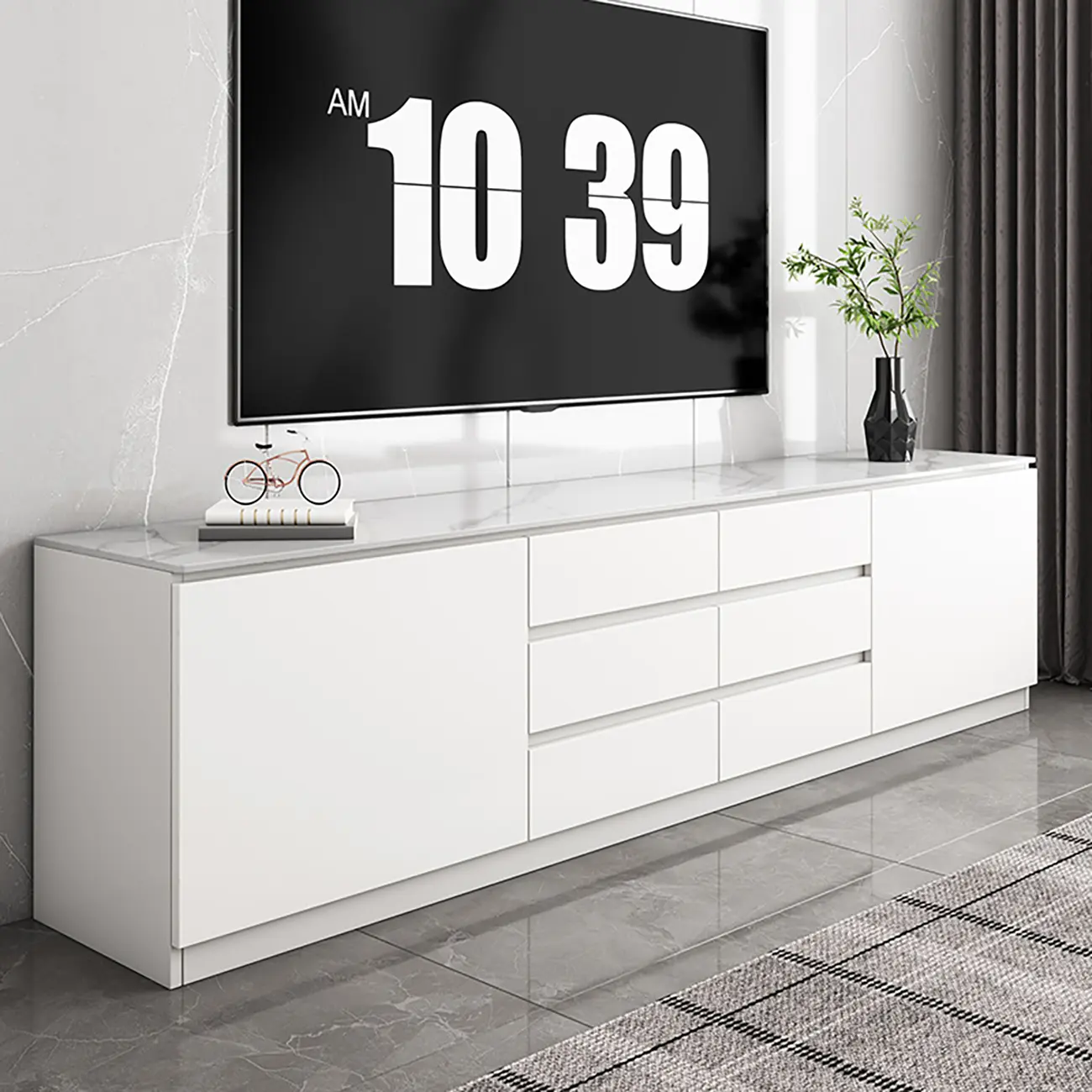 Modern Long White Wood TV Stand with Drawers Image - 4 | homeyfad