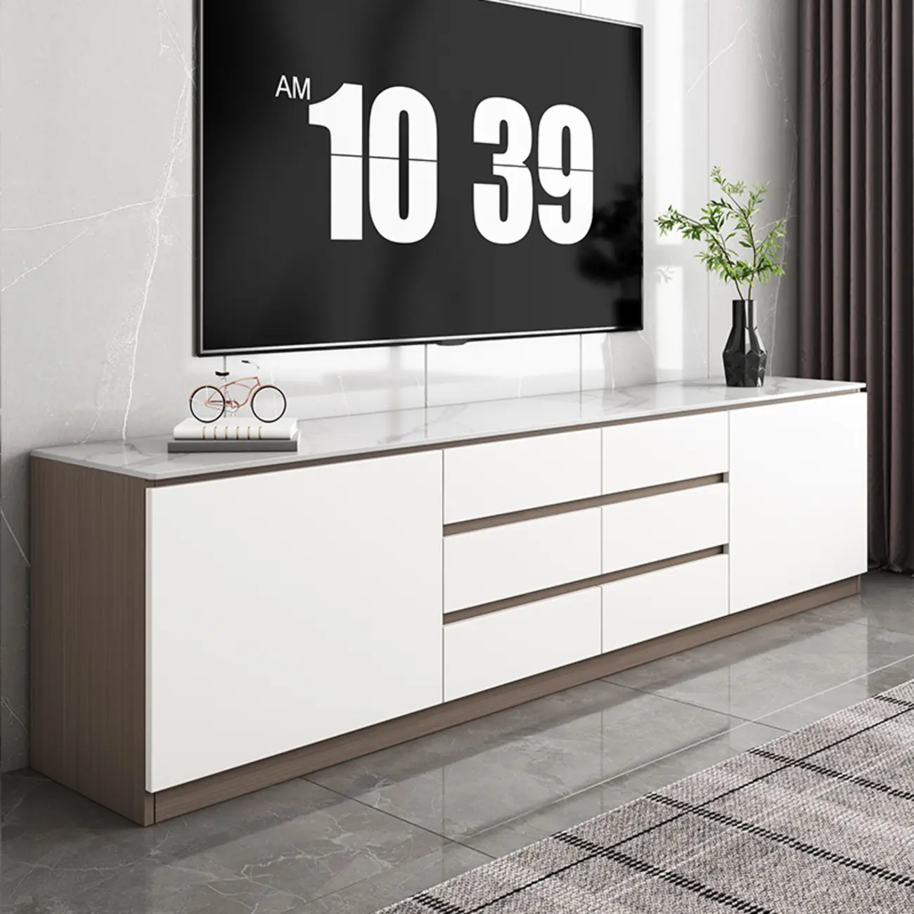 Modern Long White Wood TV Stand with Drawers Image - 2 | homeyfad
