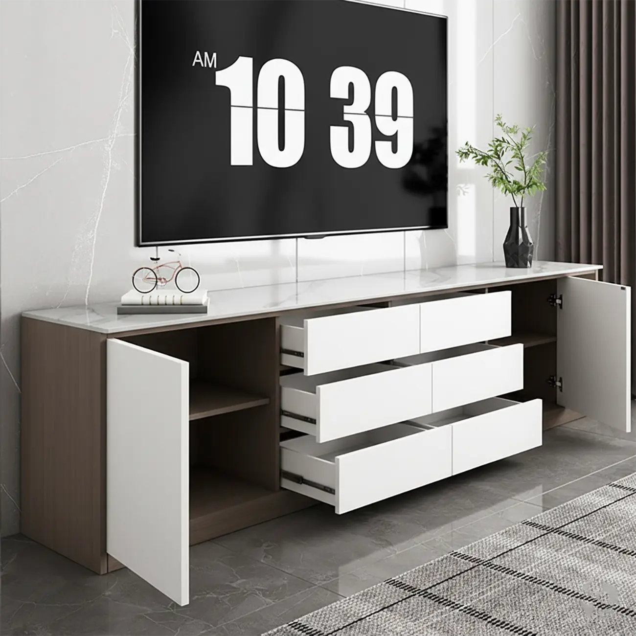 Modern Long White Wood TV Stand with Drawers Image - 5 | homeyfad