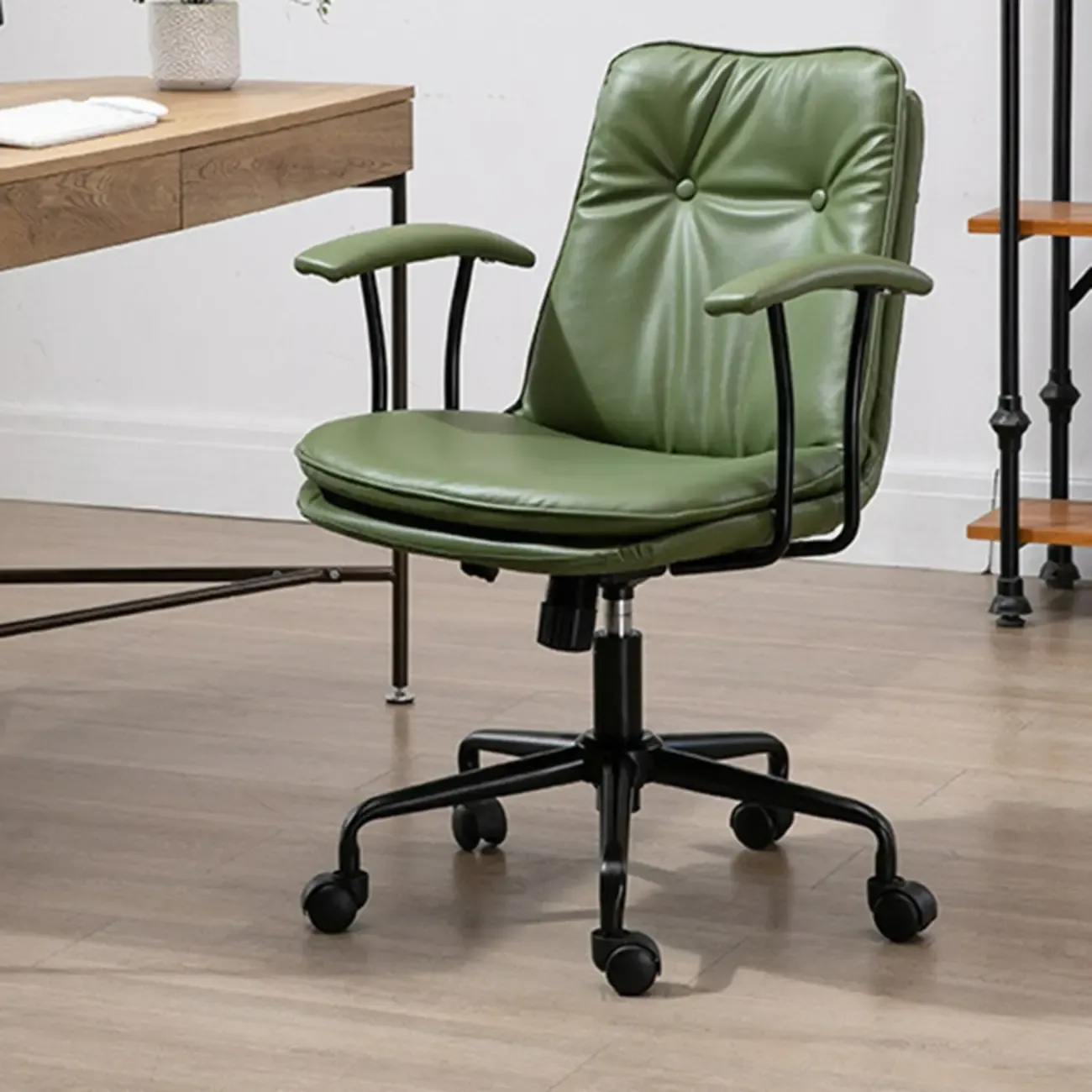 Modern Army Green Leather Adjustable Swivel Office Chair Image - 6
