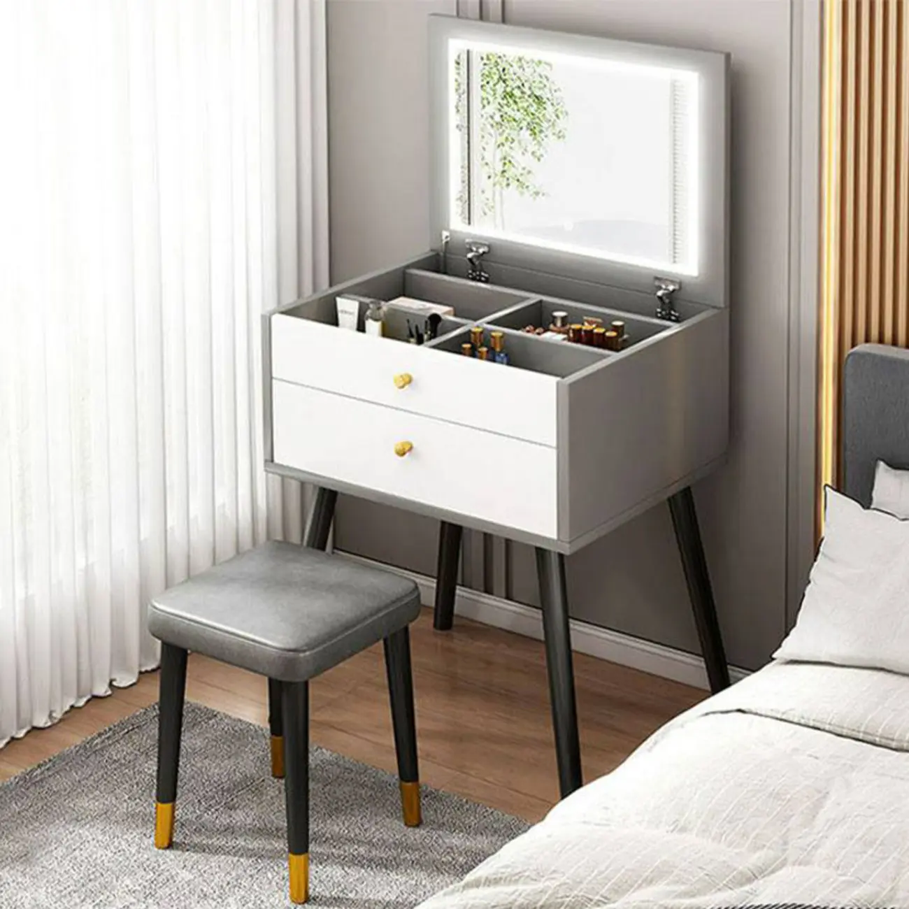 Small Grey Wood Storage Makeup Vanity Set Flip-Top Mirror Image - 2 | homeyfad