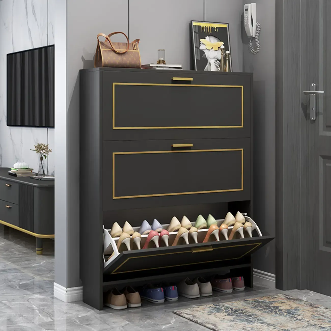 3-Tier Black Drop-Front Entryway Shoe Storage Cabinet Image - 1