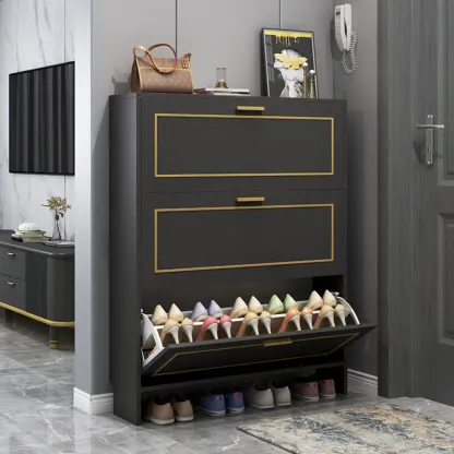 3-Tier Black Drop-Front Entryway Shoe Storage Cabinet Image - 1