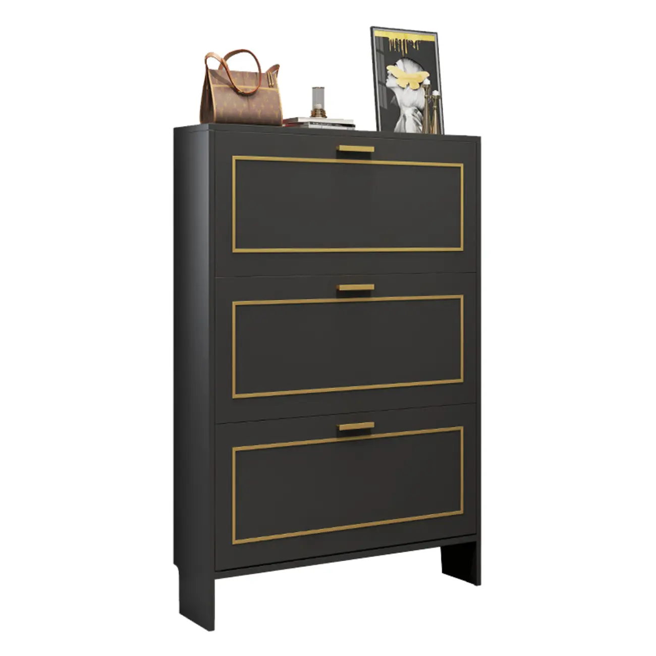 3-Tier Black Drop-Front Entryway Shoe Storage Cabinet Image - 4 | homeyfad